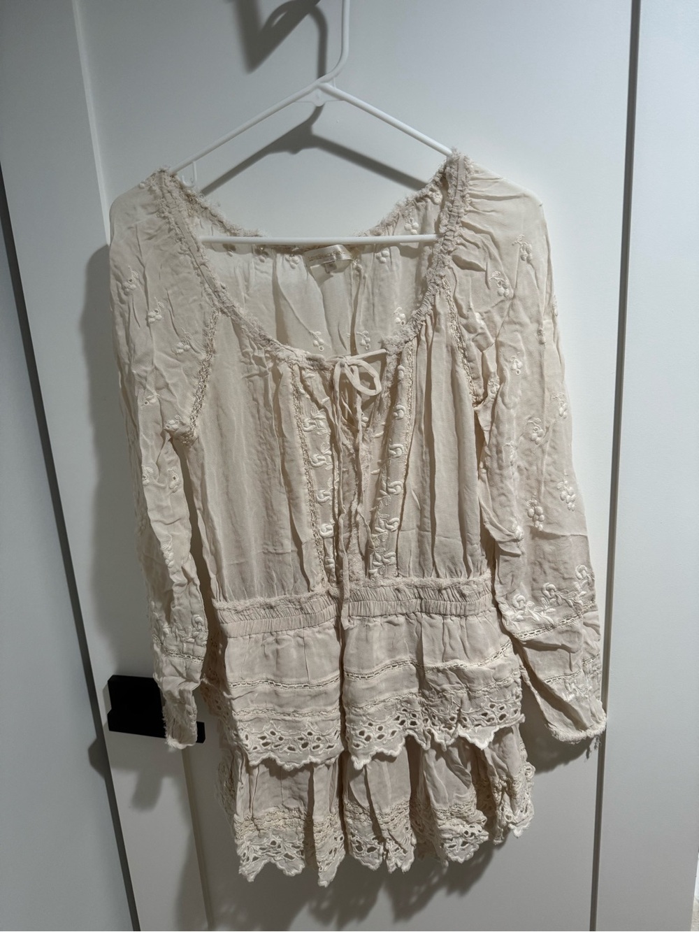 LoveShackFancy Cream Lace-Trim Long Sleeve Peasant Dress